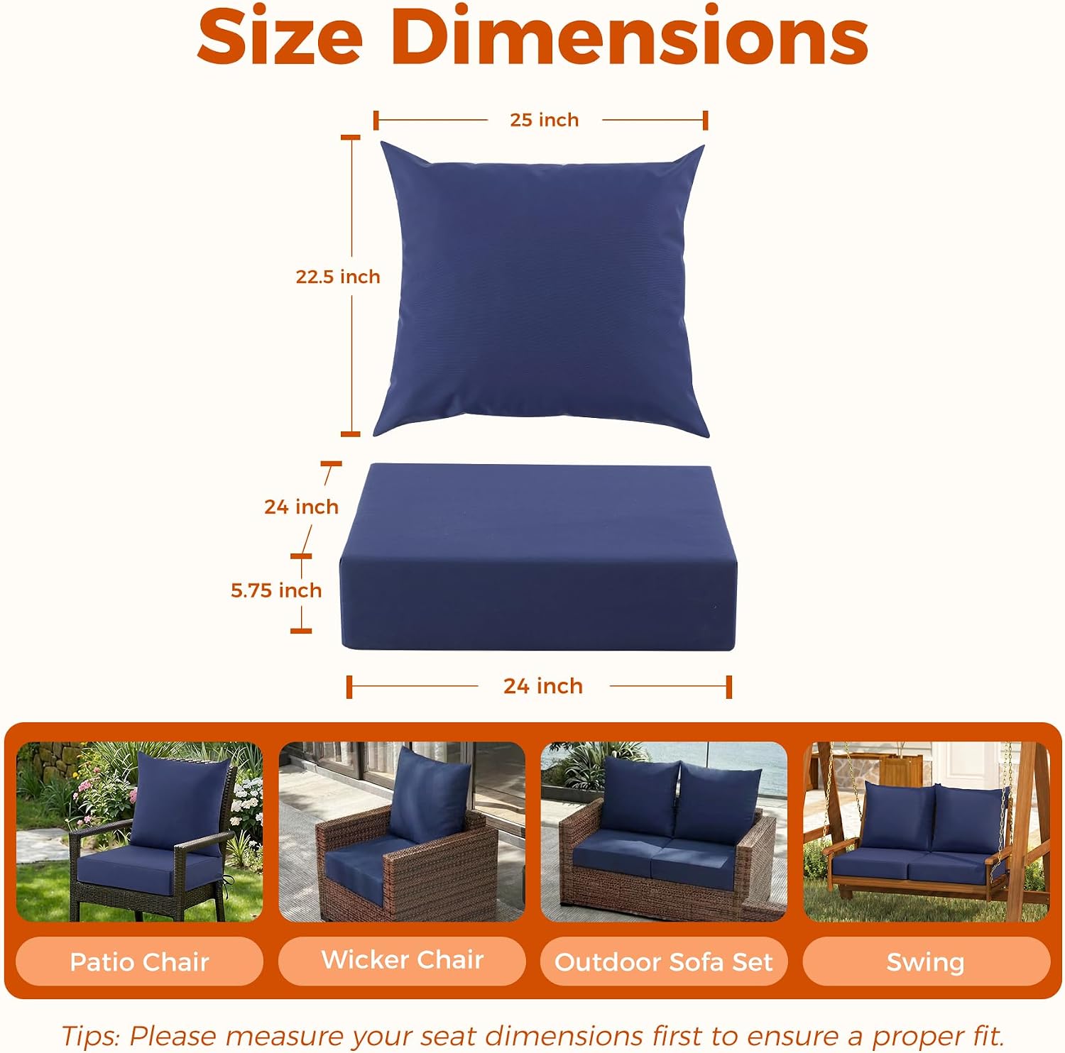 Waterproof Deep Seat Patio Cushions Set of 2