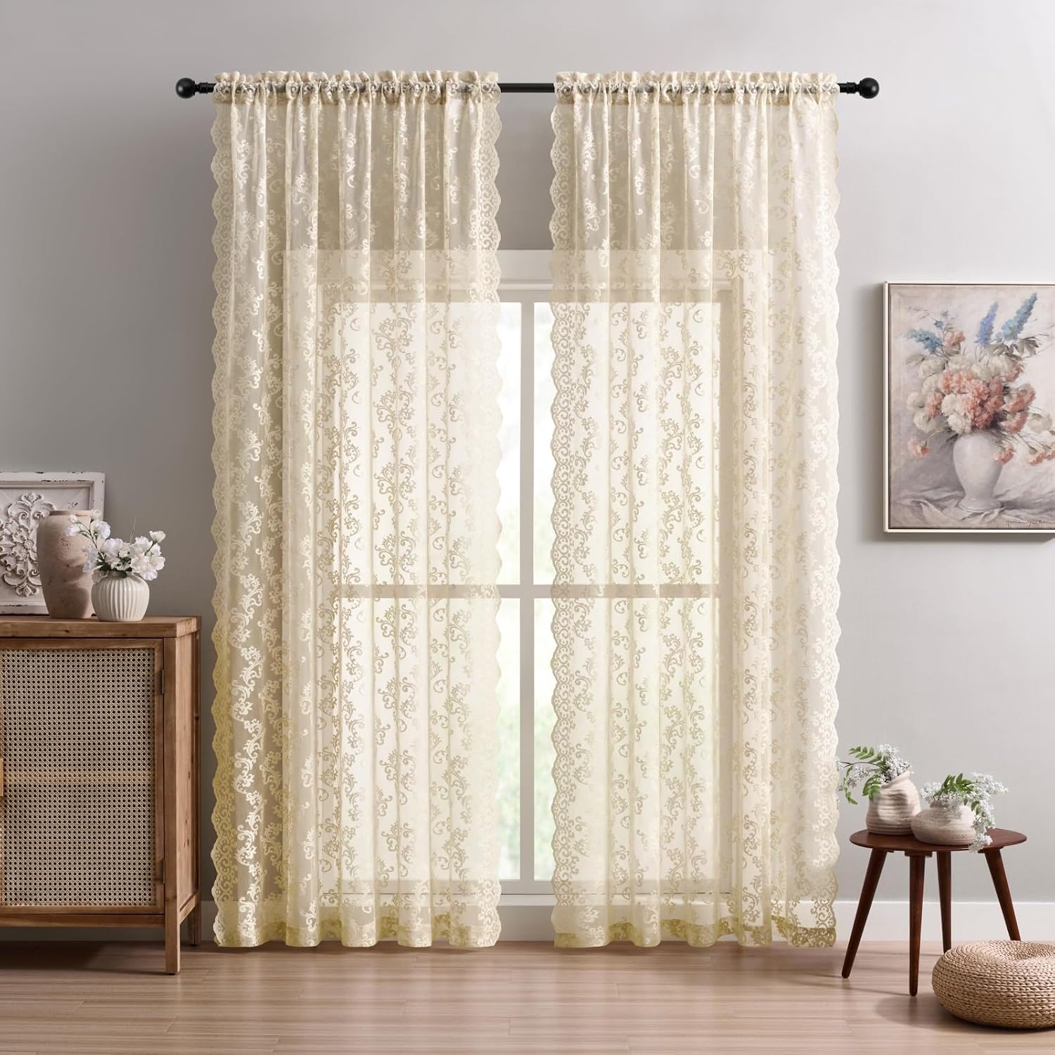 Beige Floral Lace Sheer Window Curtains