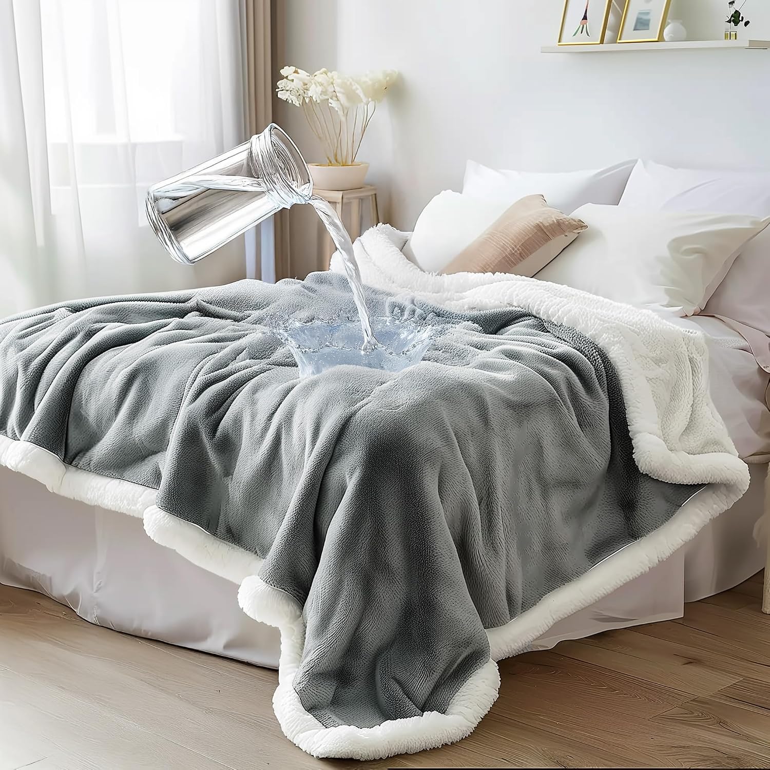 Waterproof Reversible Sherpa Fleece Throw Blanket